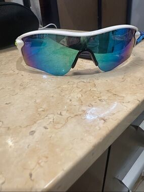Oakley White Frame Sunglasses with Blue-Green Mirrored Lens